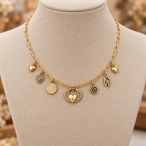 All the Love Multi Charm Link Necklace, Gold- 20 inch - - LadybugfeetDesigns -