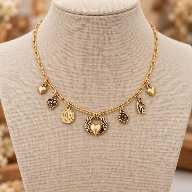 All the Love Multi Charm Link Necklace, Gold- 20 inch - - LadybugfeetDesigns -