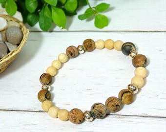 Cream Lava and Wood Bead Unisex Stretch bracelet