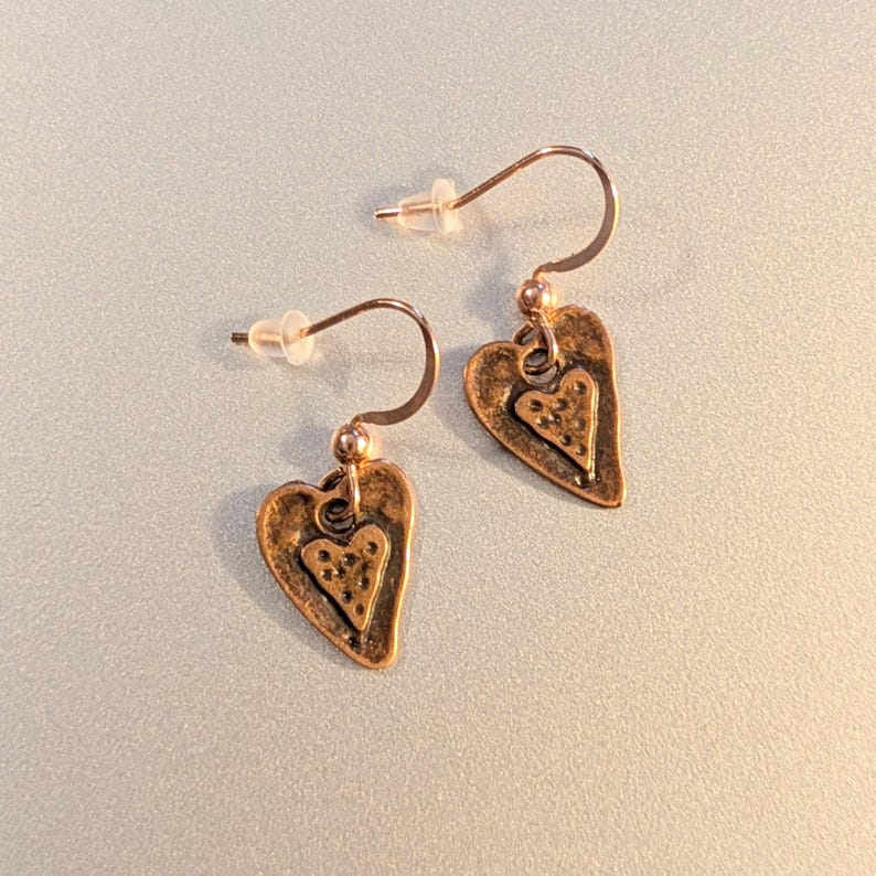 Heart dangle earrings, Copper/Rose Gold - - LadybugfeetDesigns -