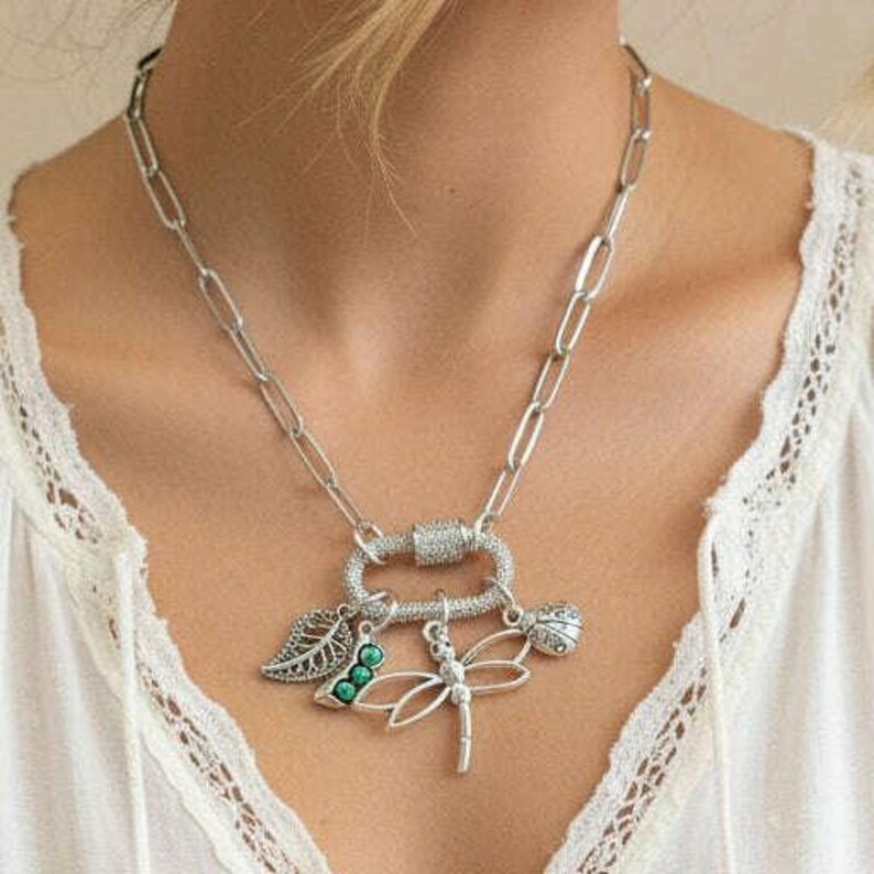 Large Dragonfly, Garden Friends Carabiner Necklace, Silver - 20 inch - - LadybugfeetDesigns -