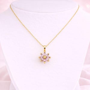Purple CZ Flower necklace, Gold - 20 inch - - LadybugfeetDesigns -