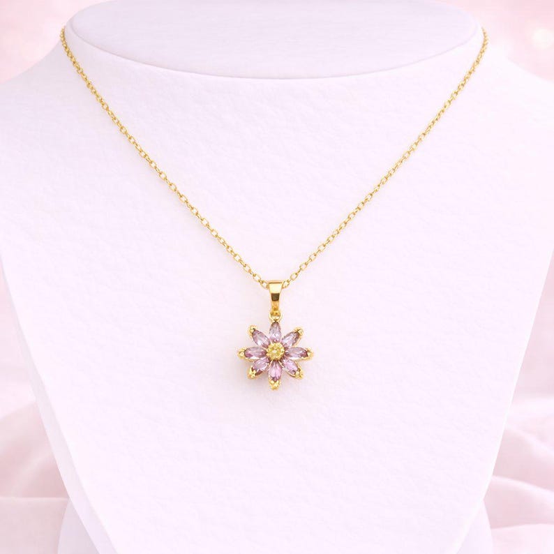 Purple CZ Flower necklace, Gold - 20 inch - - LadybugfeetDesigns -