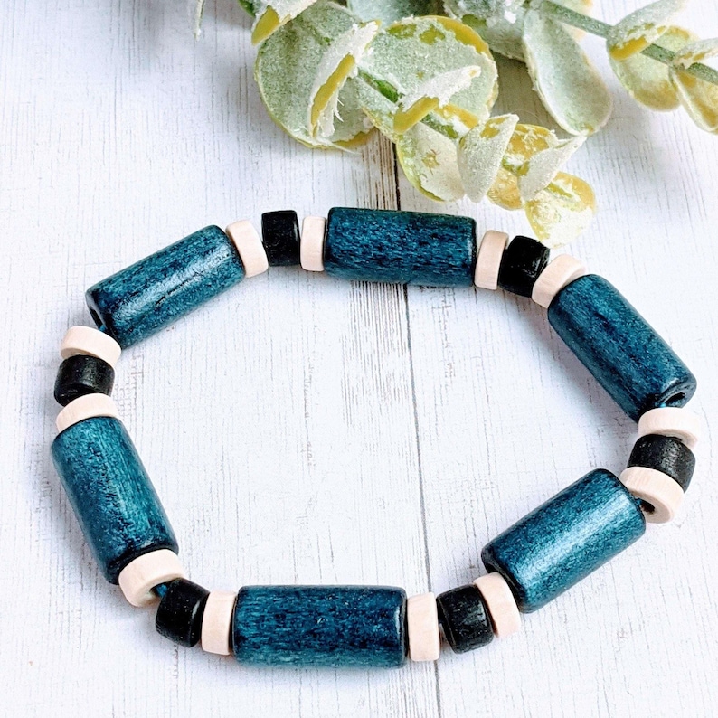 Blue Barrel Bead Stretch bracelet - Unisex - - LadybugfeetDesigns -