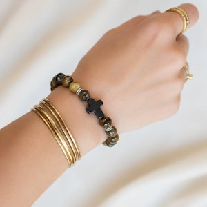 Tiger's Eye Beaded Cross Stretch Bracelet-UNISEX - - LadybugfeetDesigns -