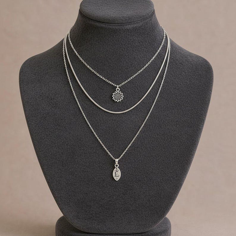 Sunflower Initial Leaf Layered Necklace Set, Silver - - LadybugfeetDesigns -