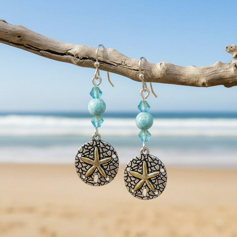 Sand Dollar Larimar Beaded Hook Earrings, Silver - - LadybugfeetDesigns -