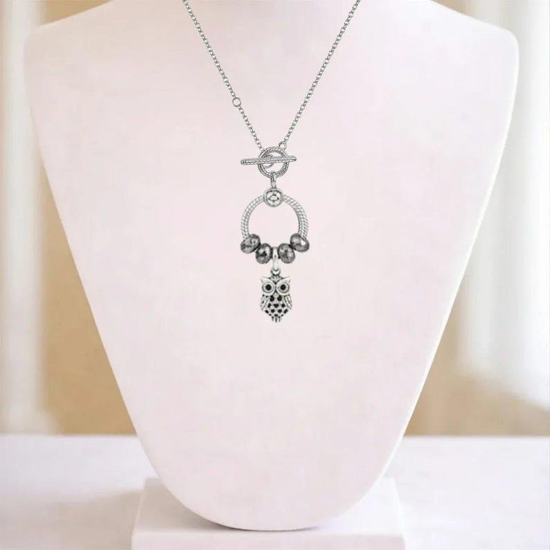 Pretty Owl Sterling Silver Toggle Charm Necklace, 20 inches - - LadybugfeetDesigns -