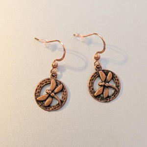 Dragonfly Circle dangle earrings, Copper/Rose Gold - - LadybugfeetDesigns -