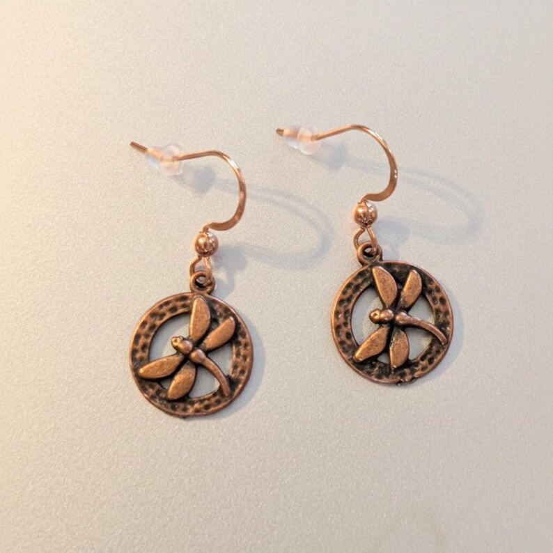 Dragonfly Circle dangle earrings, Copper/Rose Gold - - LadybugfeetDesigns -