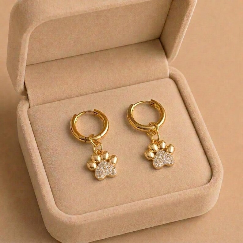 CZ Dog/Cat Paw Hoop earrings, Gold - 10mm - - LadybugfeetDesigns -