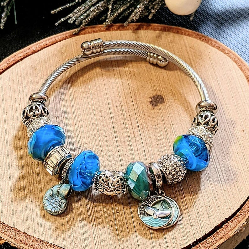 Ocean Lover Euro Cuff Wrap Bracelet, Silver - - LadybugfeetDesigns -