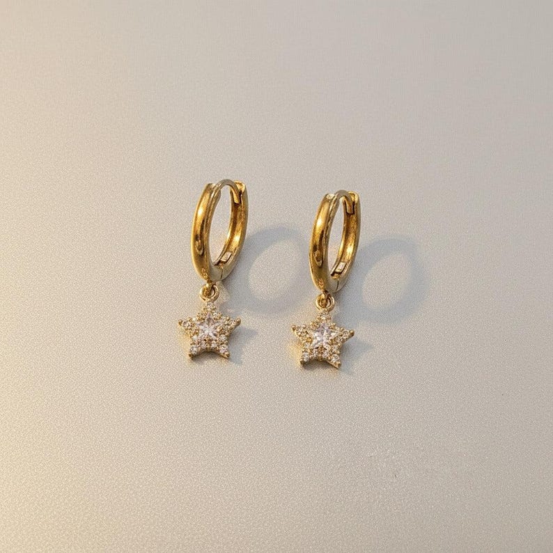 Dazzling CZ Star Hoop earrings, Gold - 12mm - - LadybugfeetDesigns -