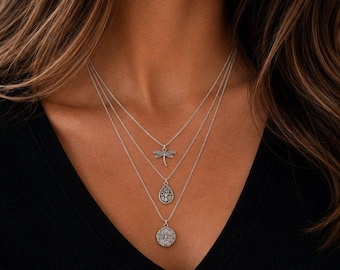 Dragonfly Layered Necklace Set, Silver