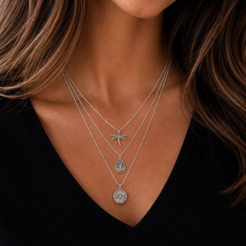 Dragonfly Layered Necklace Set, Silver - - LadybugfeetDesigns -
