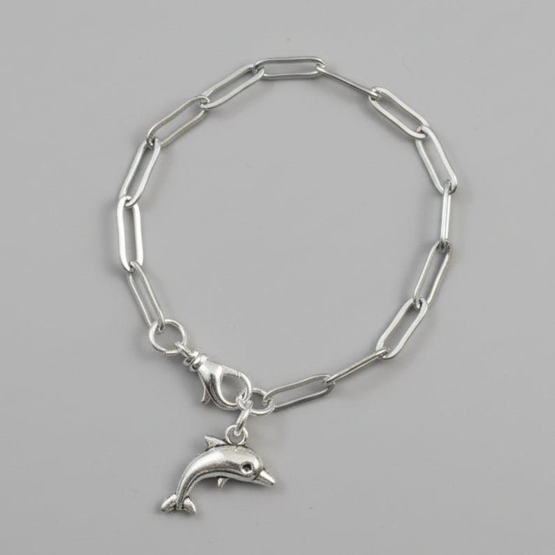 Dolphin Stainless Steel Paperclip Chain Bracelet, Silver - - LadybugfeetDesigns -