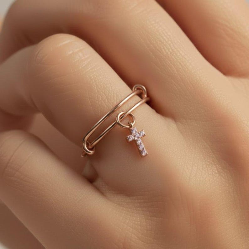 CZ Rose Gold Cross Ring 5-7 - - LadybugfeetDesigns -