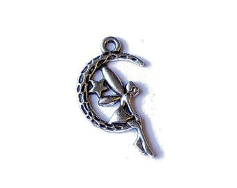 Silver Fairy on Crescent Moon Charm