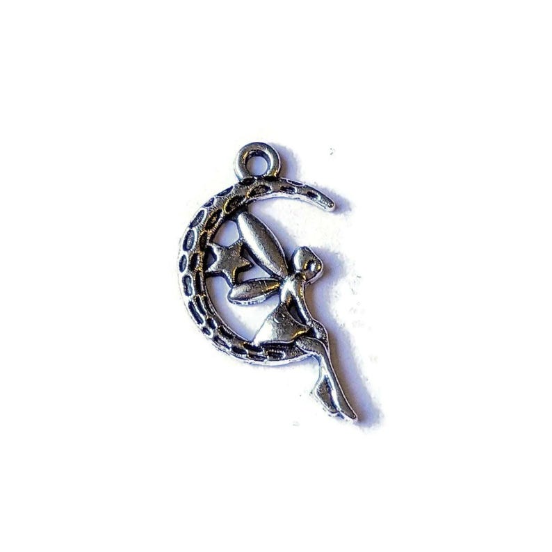 Silver Fairy on Crescent Moon Charm - - LadybugfeetDesigns -