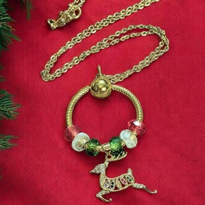 Gold Reindeer Charm Keeper Necklace, Approx. 26 inches - - LadybugfeetDesigns -