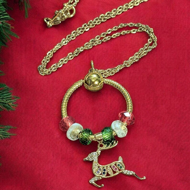 Gold Reindeer Charm Keeper Necklace, Approx. 26 inches - - LadybugfeetDesigns -
