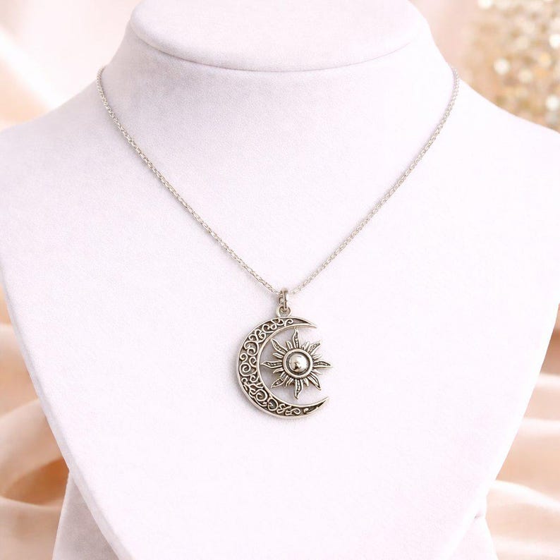 Filigree Crescent Moon Sun Necklace, Sterling Silver- 24 inches - - LadybugfeetDesigns -