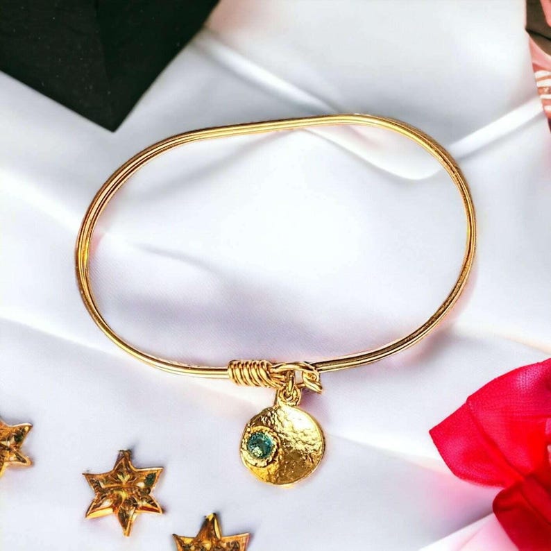 Gold Birthstone Cuff bangle, European Charm Bracelet - - LadybugfeetDesigns -