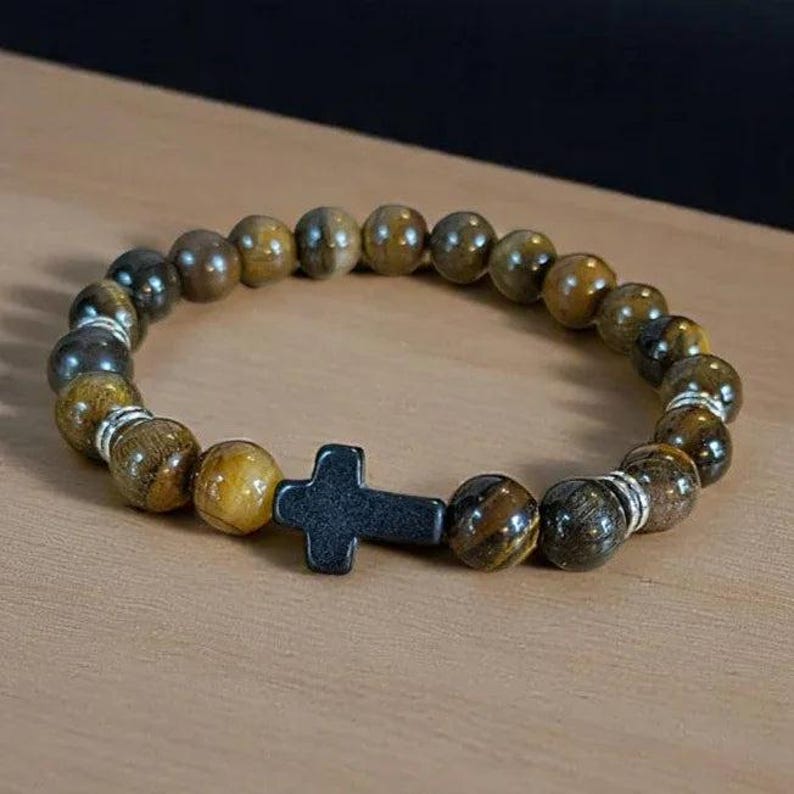 Tiger's Eye Beaded Cross Stretch Bracelet-UNISEX - - LadybugfeetDesigns -