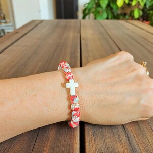Hot Pink Baby Blue Beaded Cross Stretch bracelet - - LadybugfeetDesigns -