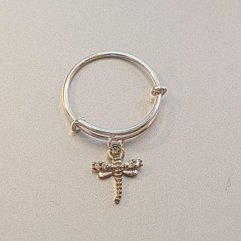 Tiny Dragonfly Adjustable Charm Ring, Silver - - LadybugfeetDesigns -