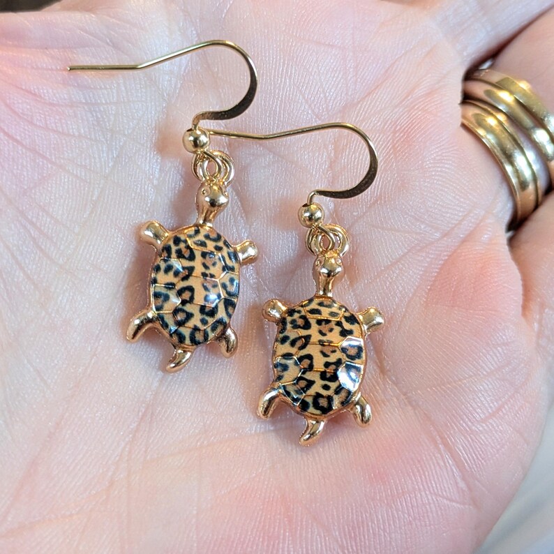 Leopard Skin Turtle Earrings, Gold - - LadybugfeetDesigns -