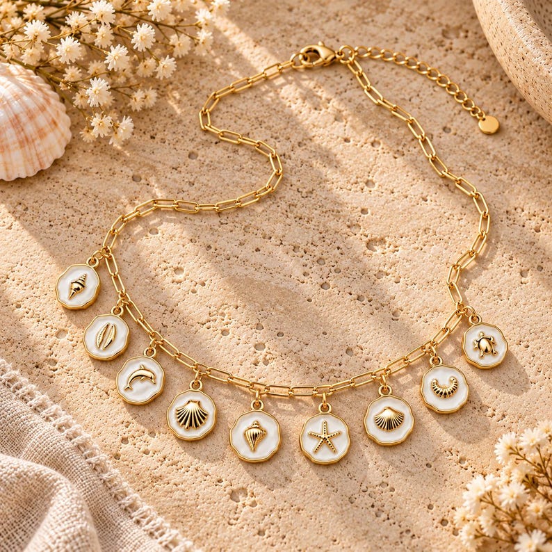 Beach Lover Multi Charm Link Necklace, Gold- 20 inch image 1