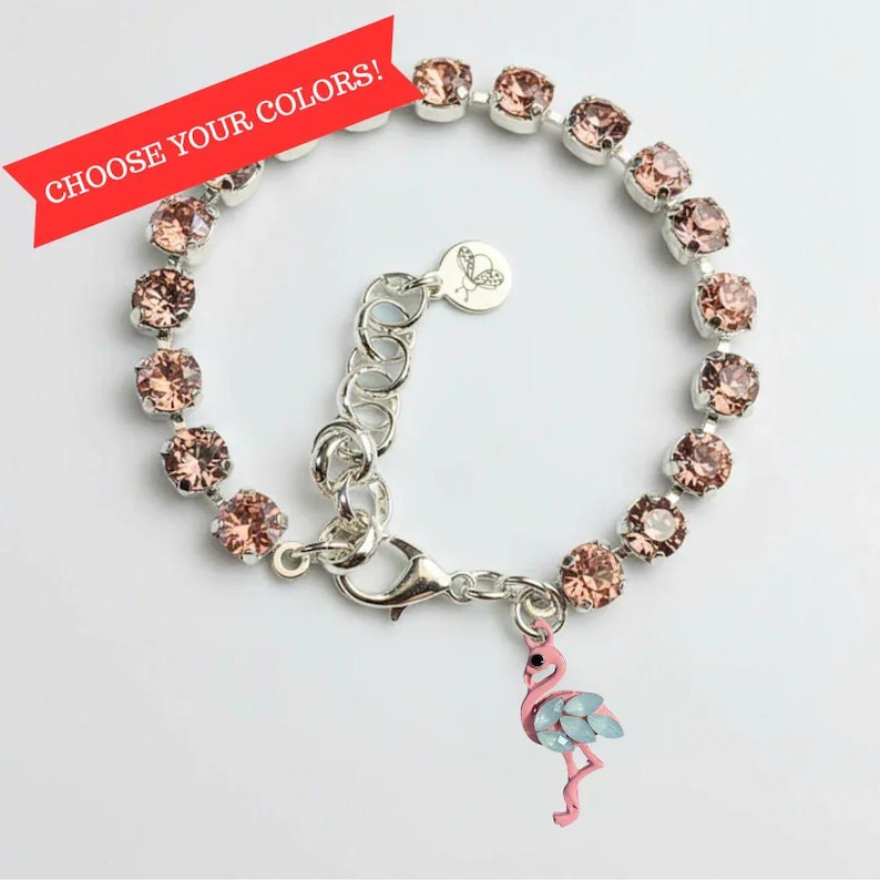 Pink Flamingo Faceted Crystal Bracelet, Silver - - LadybugfeetDesigns -