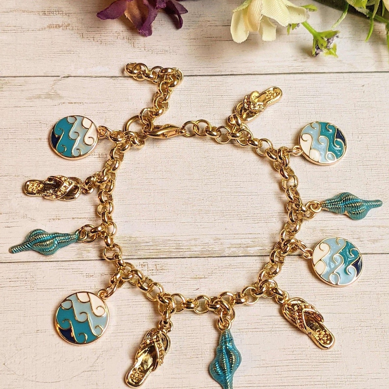 Enamel Seashell, Wave, Flip flop Charm Bracelet - - LadybugfeetDesigns -
