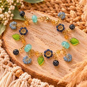 Botanical Blue Crystal Bead Bracelet, Gold - - LadybugfeetDesigns -