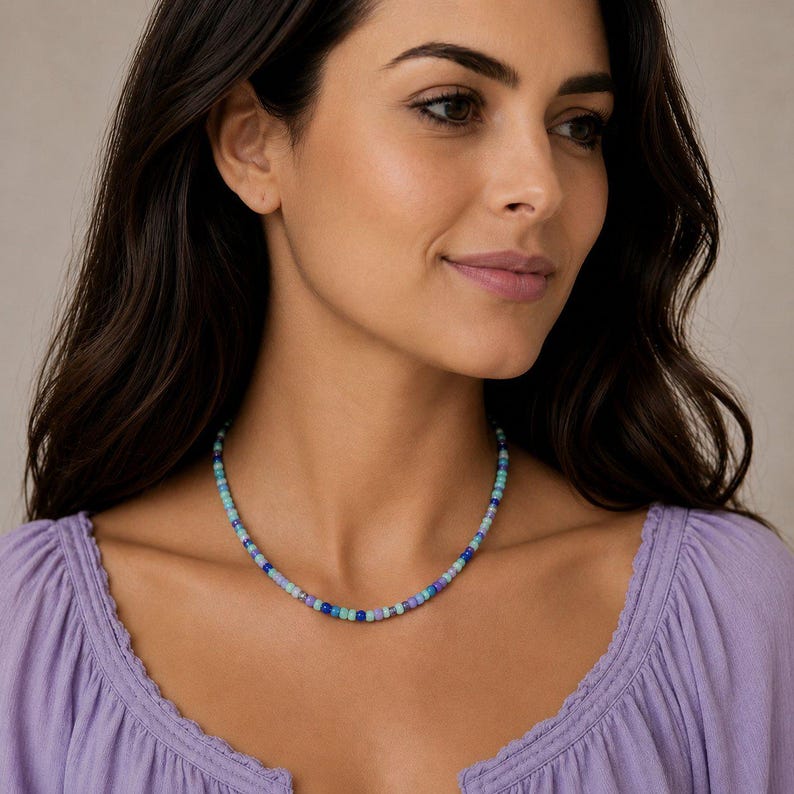 Purple Teal Beaded Choker Necklace - 16 inch - - LadybugfeetDesigns -