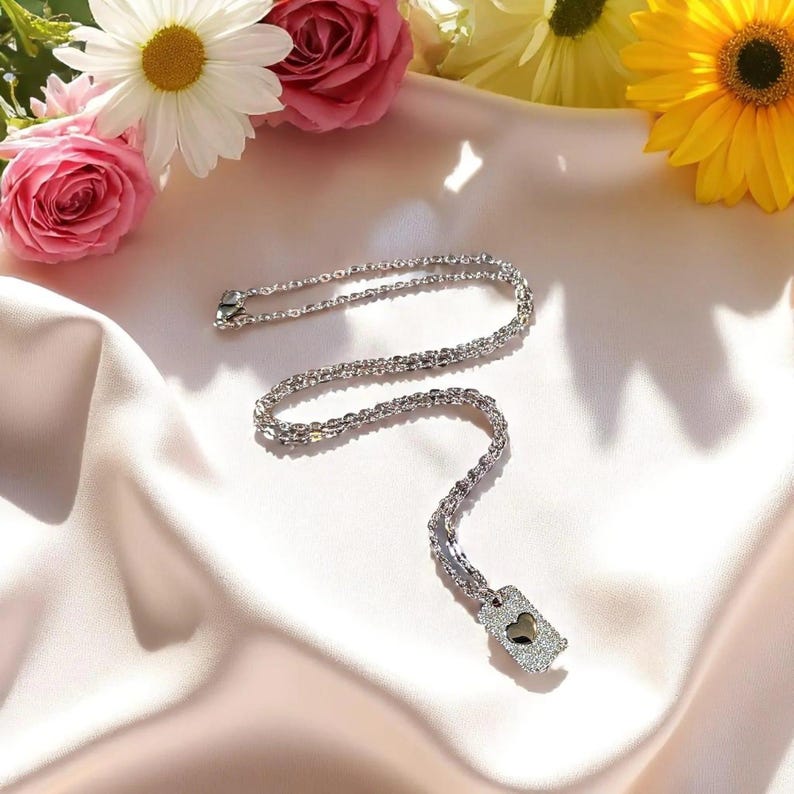 CZ Heart Tag Necklace, Silver - 20 inch - - LadybugfeetDesigns -