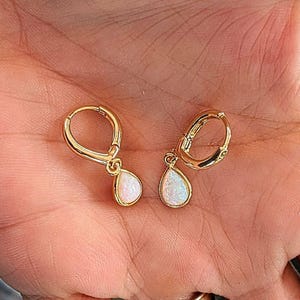 Opal Huggie Hoop earrings, Silver/Gold - 15mm - - LadybugfeetDesigns -