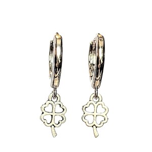 Silver 4 Leaf Clover Huggie Hoop earrings, 15mm Hoop Drop - - LadybugfeetDesigns -