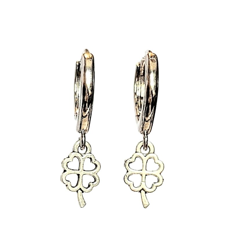 Silver 4 Leaf Clover Huggie Hoop earrings, 15mm Hoop Drop - - LadybugfeetDesigns -