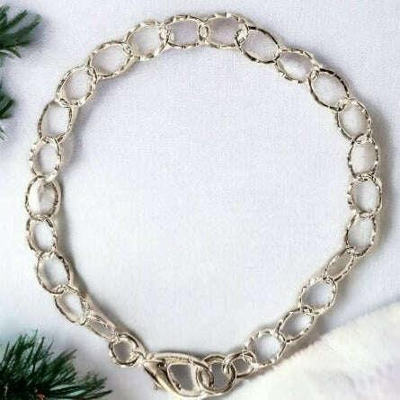 925 Sterling Silver Hammered Oval Link Charm Bracelet Base - D.i.y. - Build Your Charm Bracelet! - - LadybugfeetDesigns -