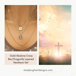 Abalone Cross Bar/Dragonfly Layered Necklace Set, Gold - - LadybugfeetDesigns -