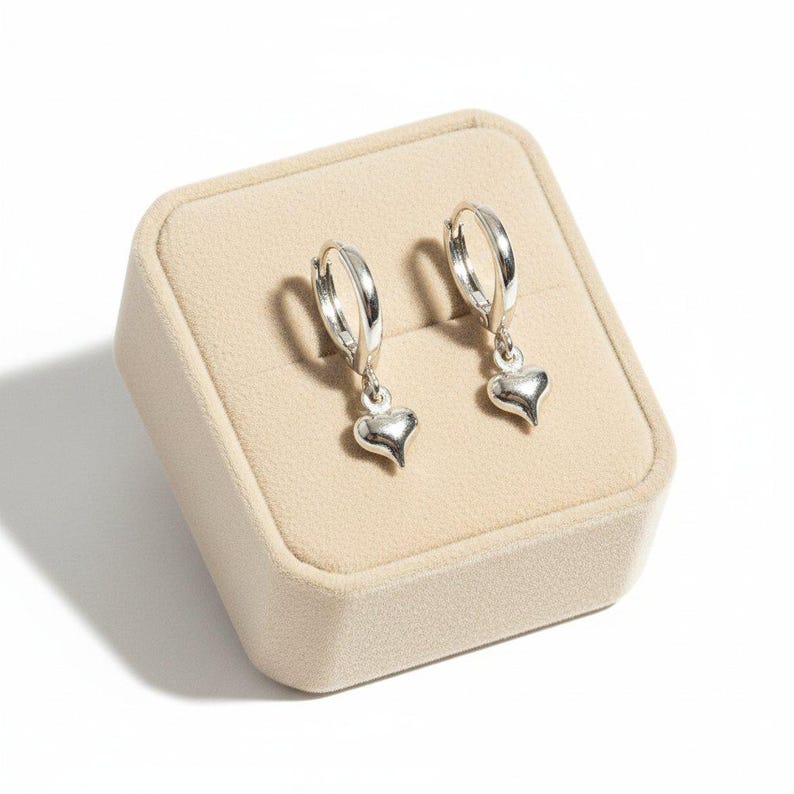 Puffy Heart Huggie Hoop earrings, Silver - 15mm - - LadybugfeetDesigns -