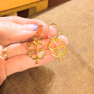 Four Leaf Clover Hoop earrings, Gold - 16mm - - LadybugfeetDesigns -