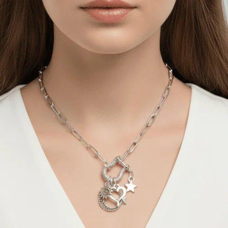 Celestial Crescent Moon and Heart Shackle Clasp Carabiner Necklace, Silver - 20 inch - - LadybugfeetDesigns -