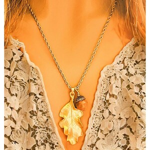 Moonstone Acorn Oak Leaf Necklace, Gold - - LadybugfeetDesigns -