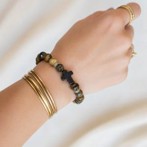 Tiger's Eye Beaded Cross Stretch Bracelet-UNISEX - - LadybugfeetDesigns -