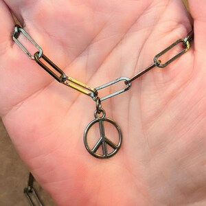 Black Gunmetal Peace Sign charm necklace, up to 24 inch - Unisex - - LadybugfeetDesigns -