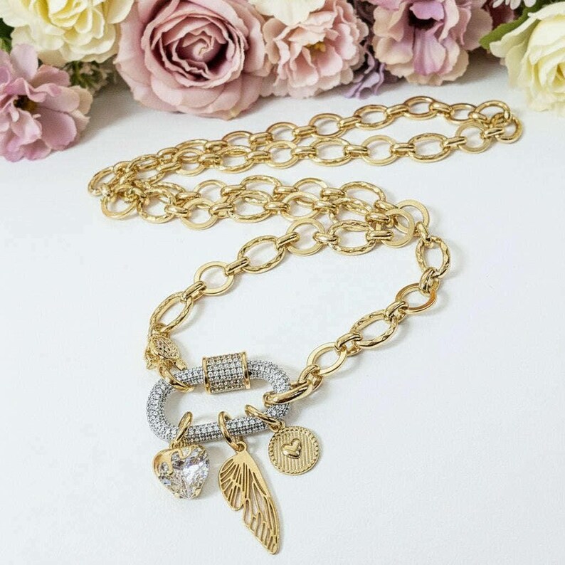 Dragonfly/Fairy Wing, Heart Carabiner Necklace, Gold - Adjusts up to 20 inches - - LadybugfeetDesigns -