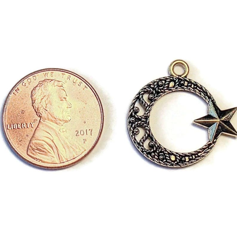 Large Gold Filigree Crescent Moon & Star Charm Pendant - - LadybugfeetDesigns -